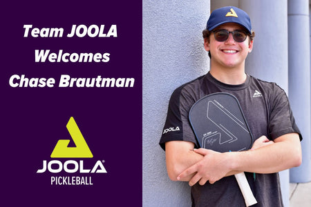 Text: Team JOOLA Welcomes Chase Brautman Pictured: JOOLA Pickleball stacked Trinity Logo (left), Chase Brautman posing in a hat and glasses with his JOOLA pickleball paddle (right)