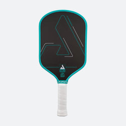 White background, product image of a the Hyperion CFS pickleball paddle with black face and teel edge guard on a white background. Category