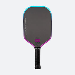 JOOLA Perseus 3S Dual 14mm pickleball paddle, front face view, teal and purple dual gradient edge guard on white background Category