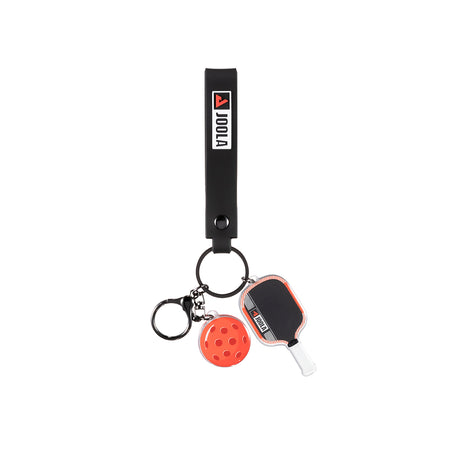 Scorpeus pro IV keychain with paddle and ball charms and Joola logo on a white background.