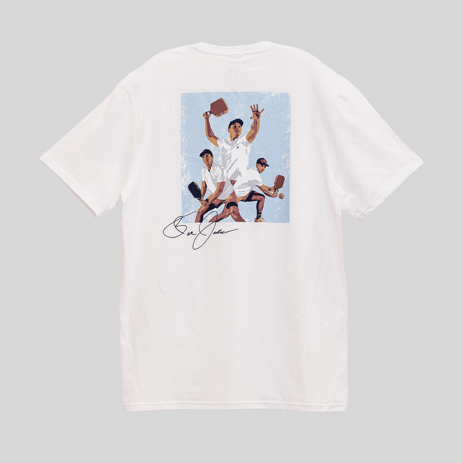 Gray background, product image of the JOOLA Ben Johns illustrated graphic tee.