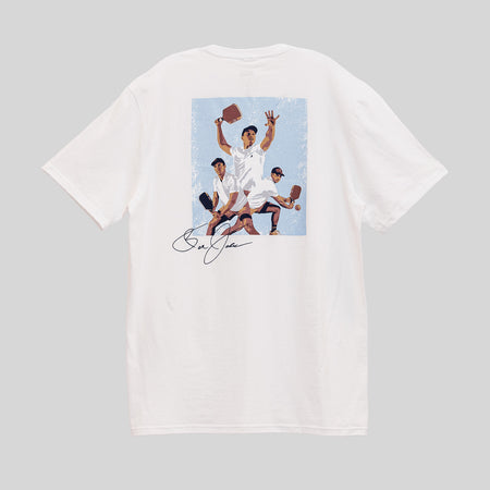 Gray background, product image of the JOOLA Ben Johns illustrated graphic tee.