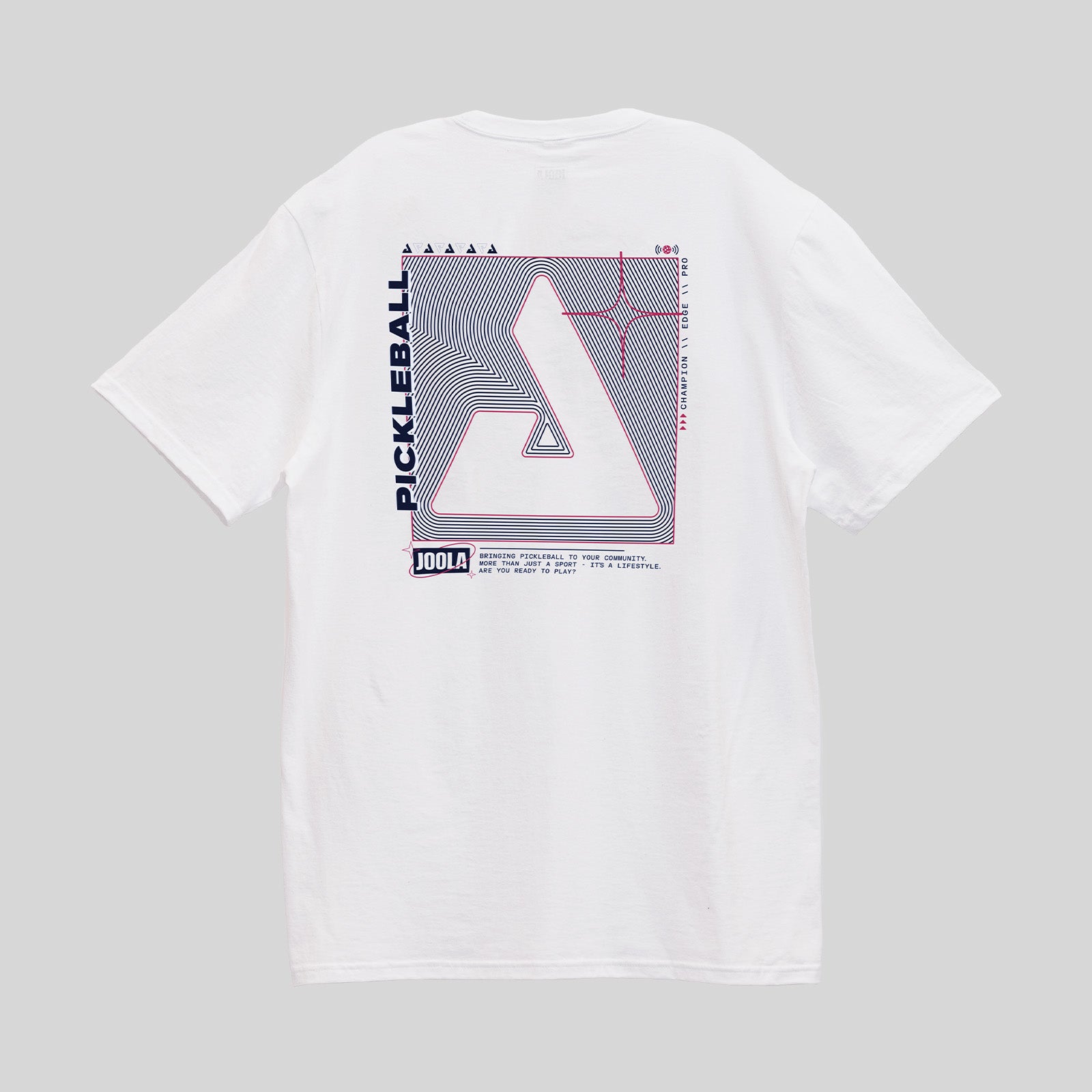 Gray background, white tee shirt with cool futuristic logo on the back.