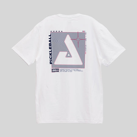Gray background, white tee shirt with cool futuristic logo on the back.