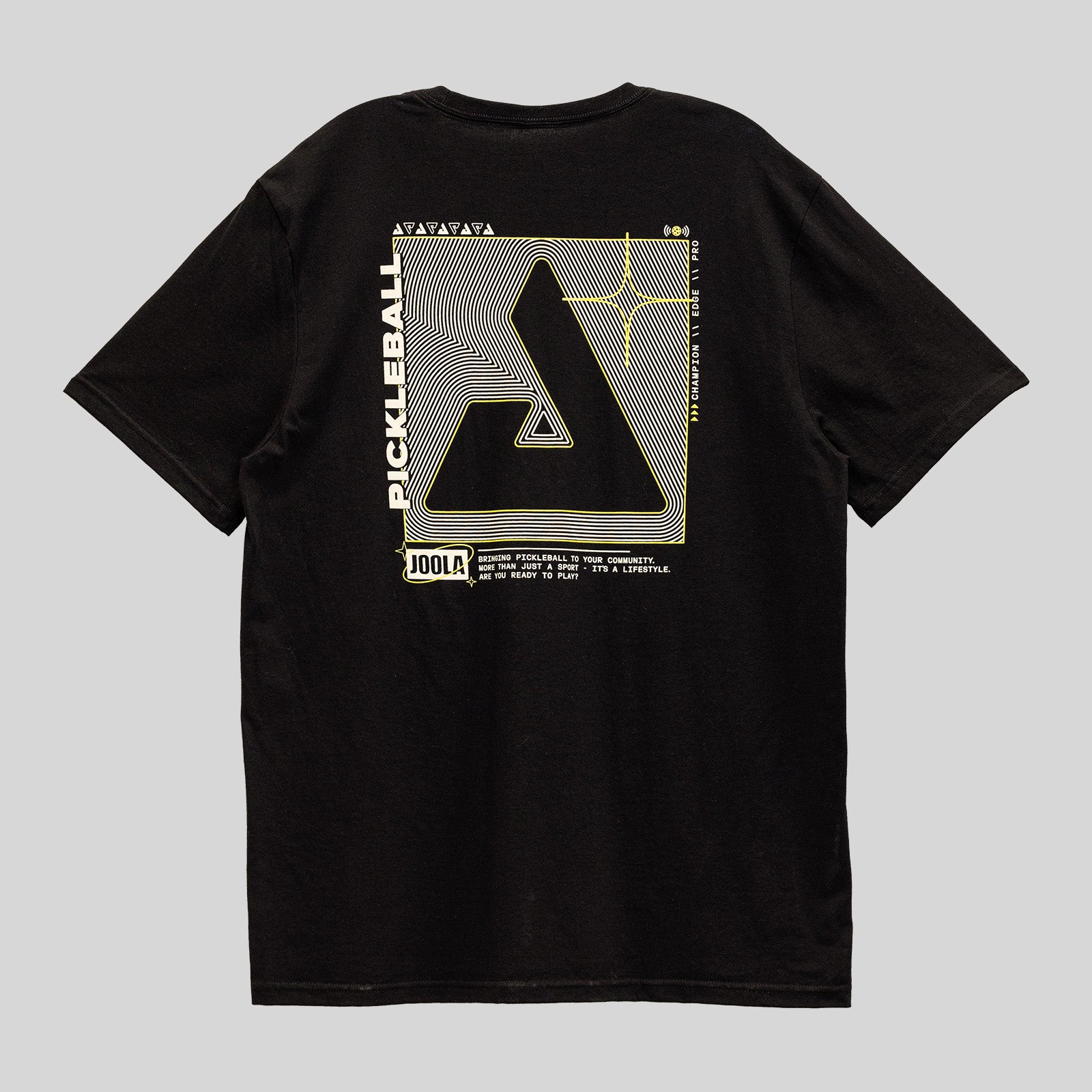 Gray background, back JOOLA tee with cool futuristic image on the back. Black, yellow and white.