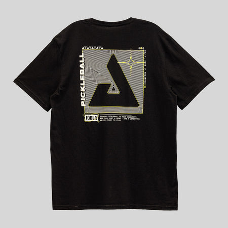 Gray background, back JOOLA tee with cool futuristic image on the back. Black, yellow and white.