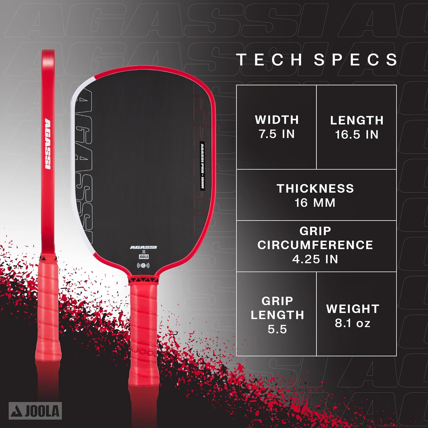 Red and black pickleball paddle with Joola branding and technical specifications on a gray background.