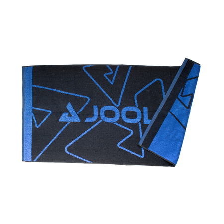 White Background Image: Black and blue JOOLA logo towel.