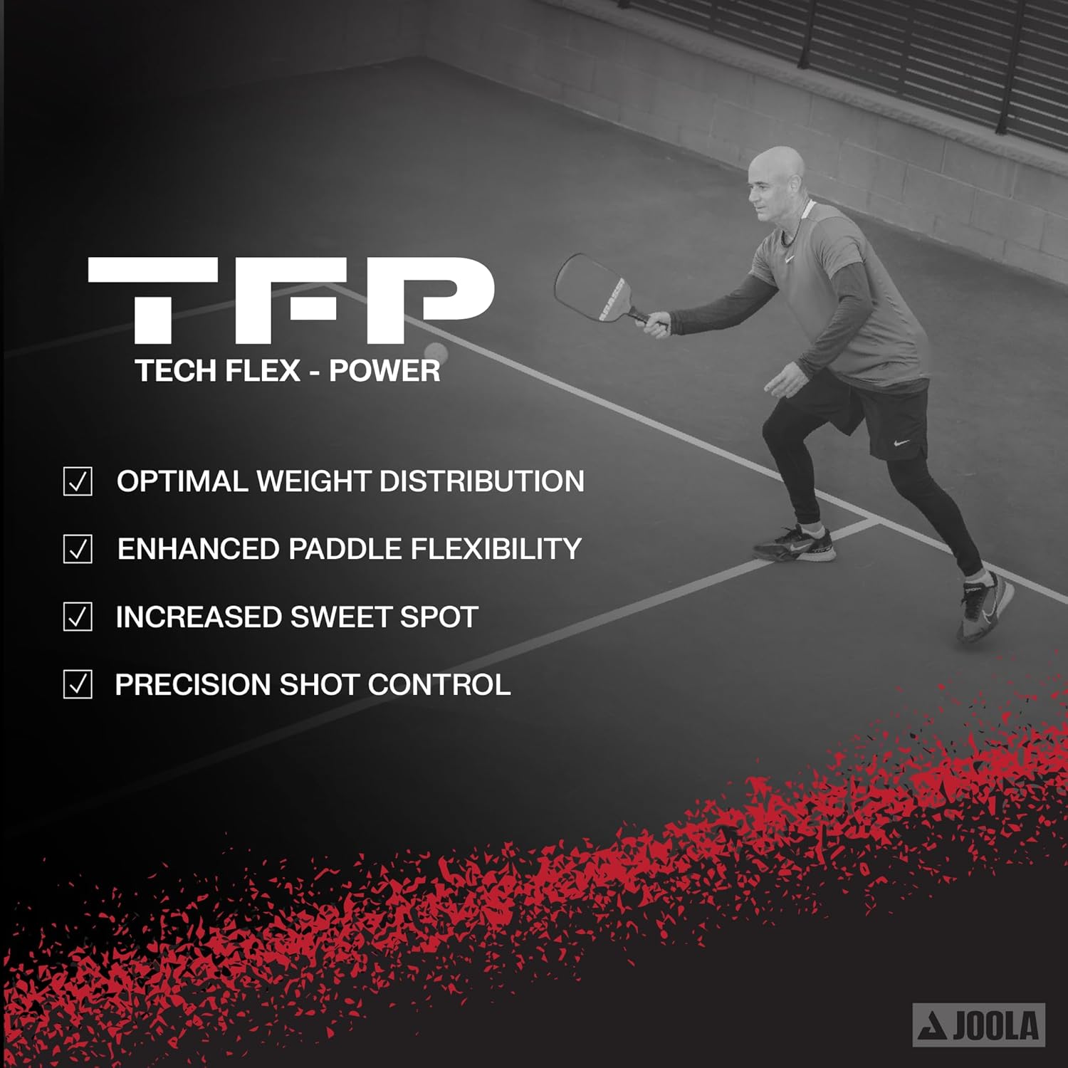 Andre Agassi playing pickleball on a court with TFP Tech Flex Power branding and product features listed.