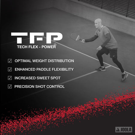 Andre Agassi playing pickleball on a court with TFP Tech Flex Power branding and product features listed.