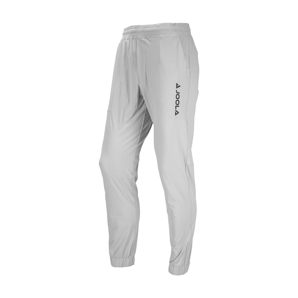 White Background Image: (Left) Light Grey JOOLA Ben Johns Dash Joggers with black horizontal JOOLA logo on left thigh #Light Grey