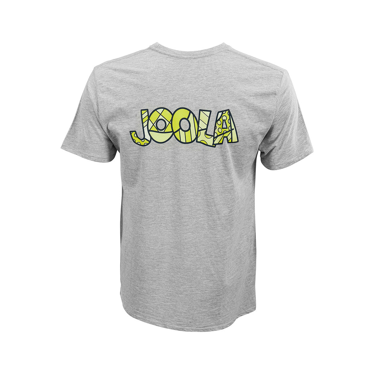 White Background Image: Backside of Heather grey BRITTO x JOOLA shirt with yellow BRITTO x JOOLA logo.