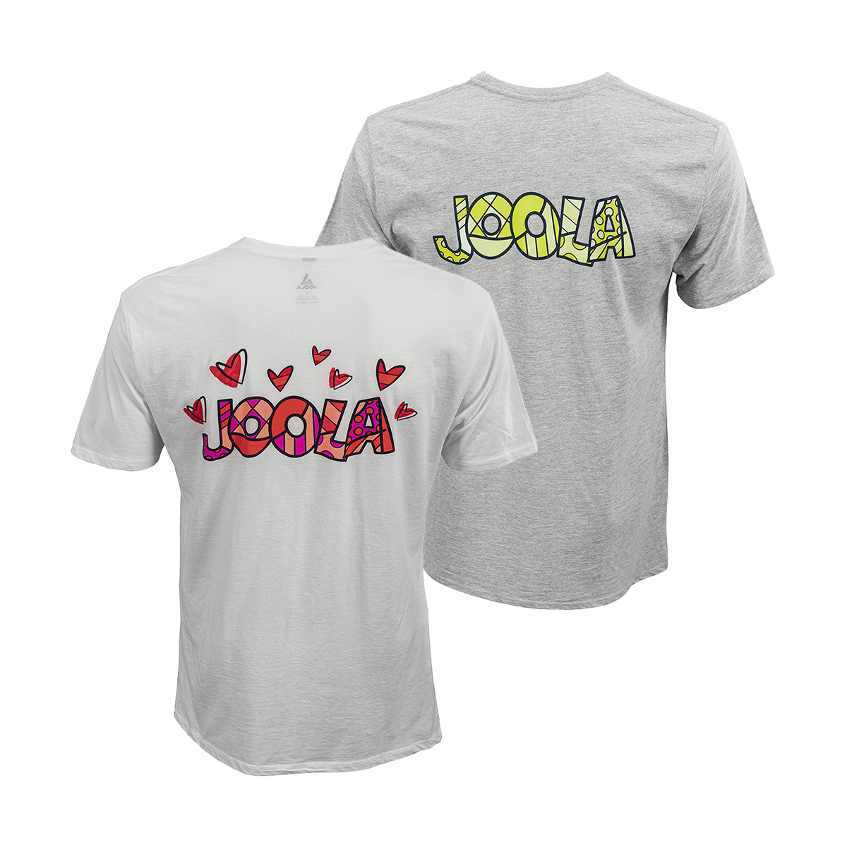 White Background Image: Two BRITTO x JOOLA shirts. One white shirt with JOOLA pink, red and white hearts. One heather gray tee with yellow JOOL logo.