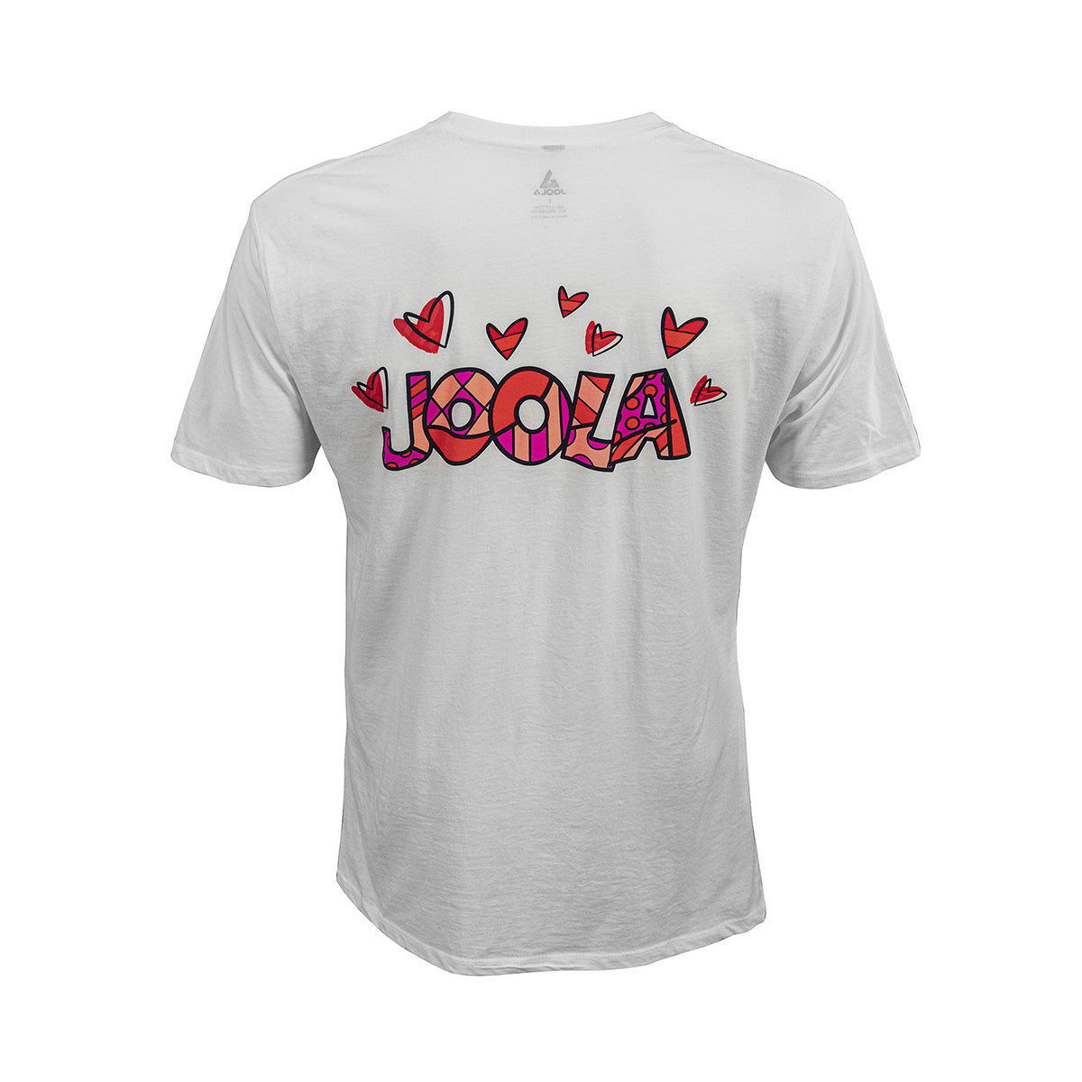 White Background Image: White BRITTO x JOOLA shirt, back of the shirt JOOLA logo with red hearts in BRITTO art style.