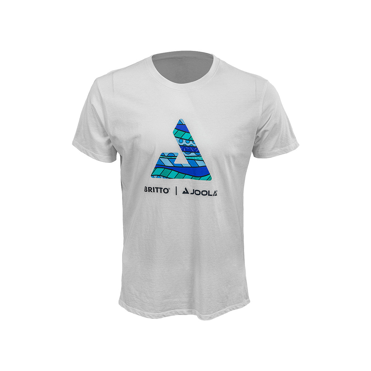 White Background Image: White Background Image: The front of the white JOOLA x BRITTO tee shirt. Large JOOLA logo in the middle of the shirt in blue and turquoise BRITTO design.
