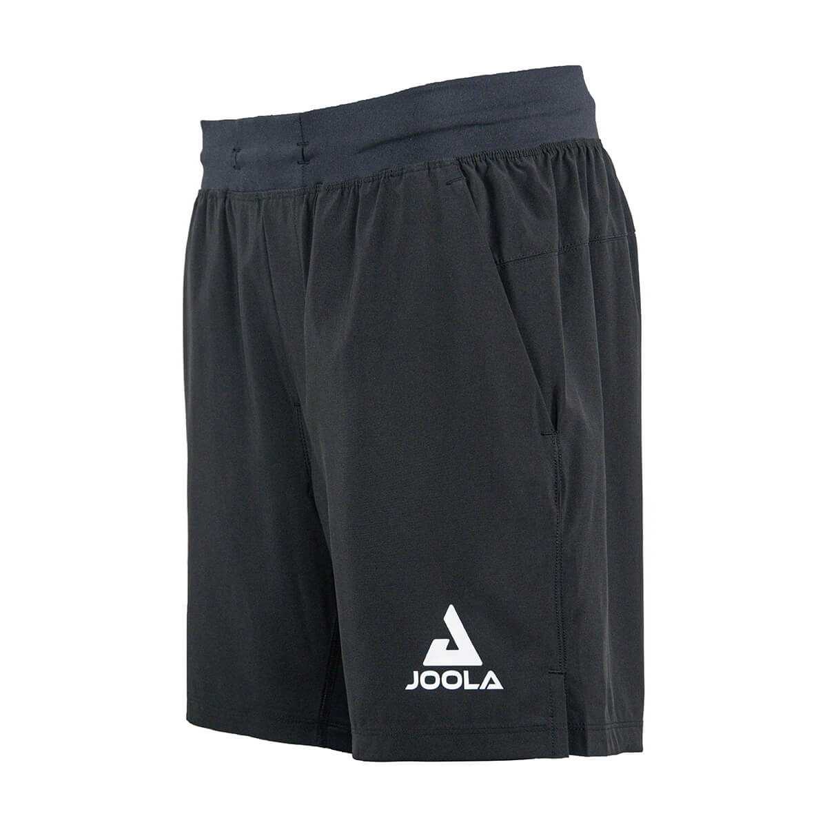 Product photo showing the front of the JOOLA Ben Johns Fluid Shorts in Black from a side angle #Black