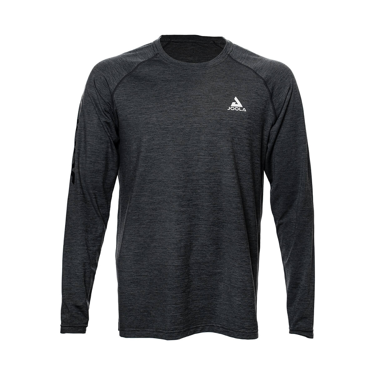 White Background Image: Long-sleeved JOOLA Ben Johns Motion crewneck shirt in Heather Charcoal with white stacked JOOLA logo on upper left chest. #Heather Charcoal