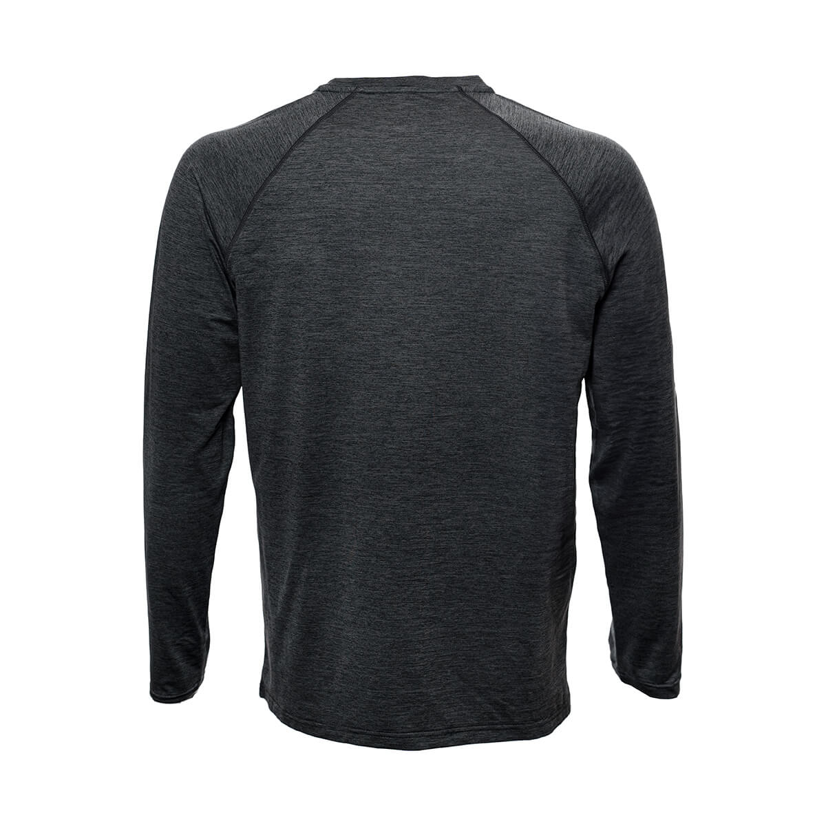 White Background Image: Back of long-sleeved JOOLA Ben Johns Motion crewneck shirt in Heather Charcoal. #Heather Charcoal