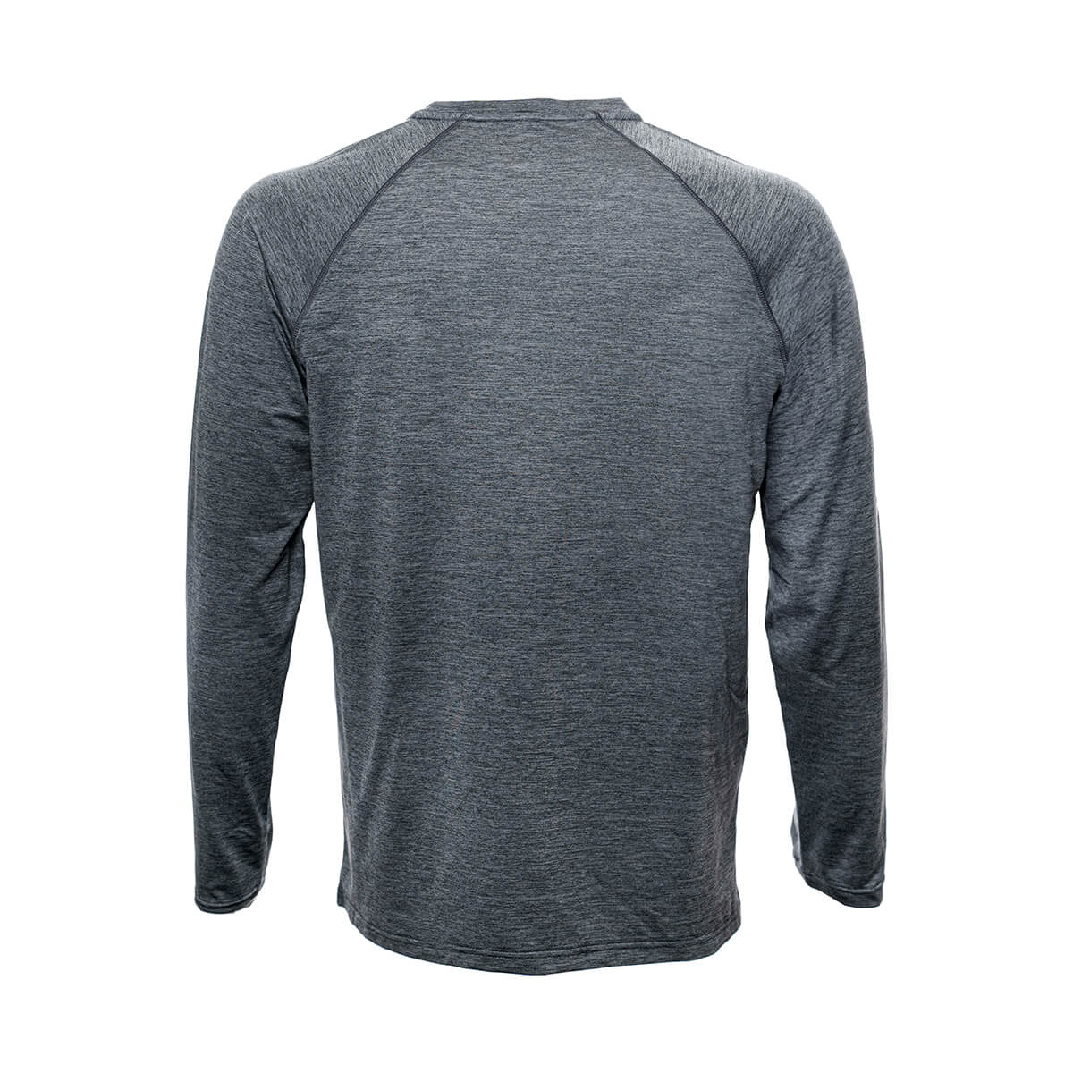 White Background Image: Back of long-sleeved JOOLA Ben Johns Motion crewneck shirt in Heather Grey. #Heather Grey