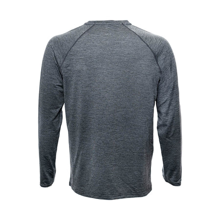 White Background Image: Back of long-sleeved JOOLA Ben Johns Motion crewneck shirt in Heather Grey. #Heather Grey