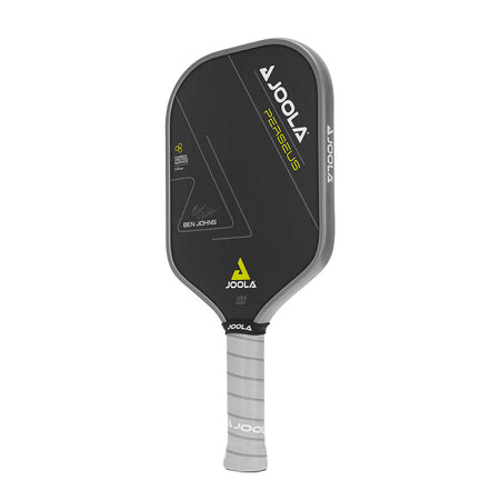 White Background Image: JOOLA Ben Johns Perseus CFS 14 with black paddle face, lemon accent font and JOOLA Trinity logo, gray edge guard, gray Feel-Tec Pure Grip