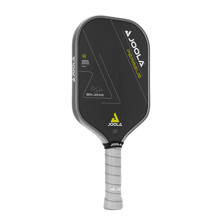 White Background Image: JOOLA Ben Johns Perseus CFS 14 with black paddle face, lemon accent font and JOOLA Trinity logo, gray edge guard, gray Feel-Tec Pure Grip