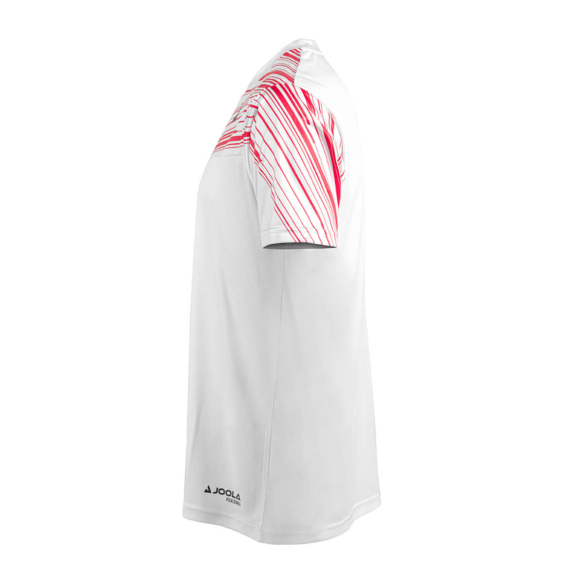 White Background Image: Side view of the Ben Johns Trigon Tee Shirt white and pink. #Pink