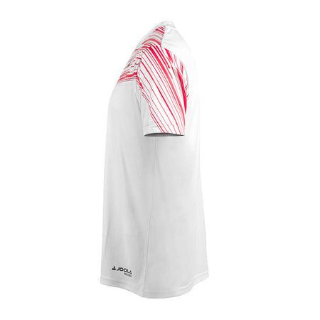 White Background Image: Side view of the Ben Johns Trigon Tee Shirt white and pink. #Pink