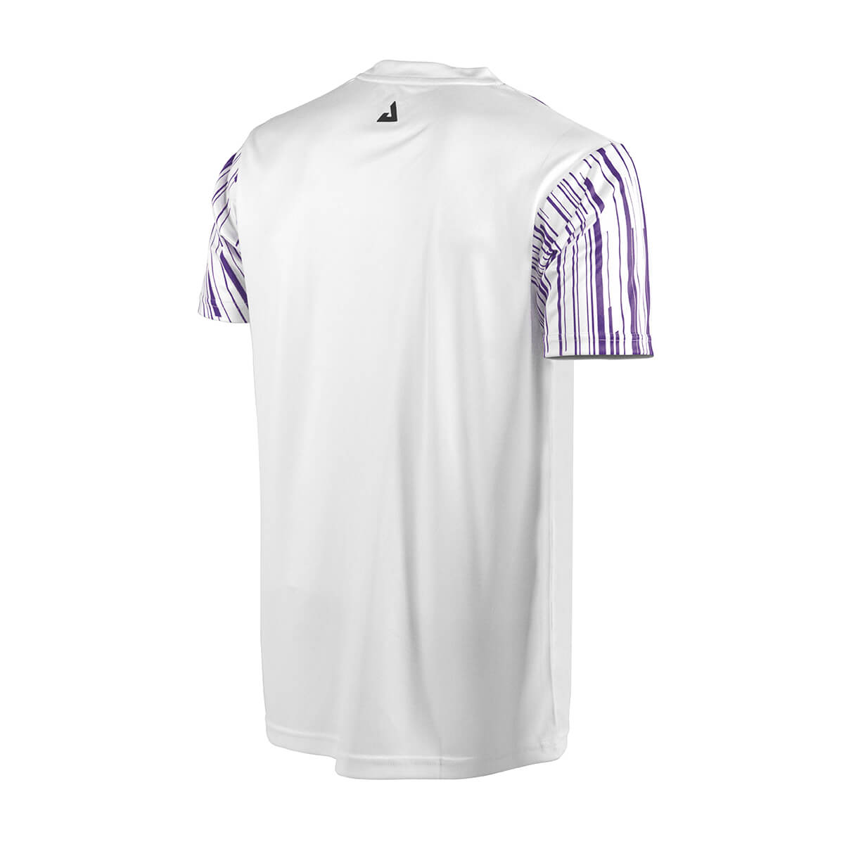 White Background Image: Backside of the Ben Johns Trigon Tee Shirt white and purple. #Purple