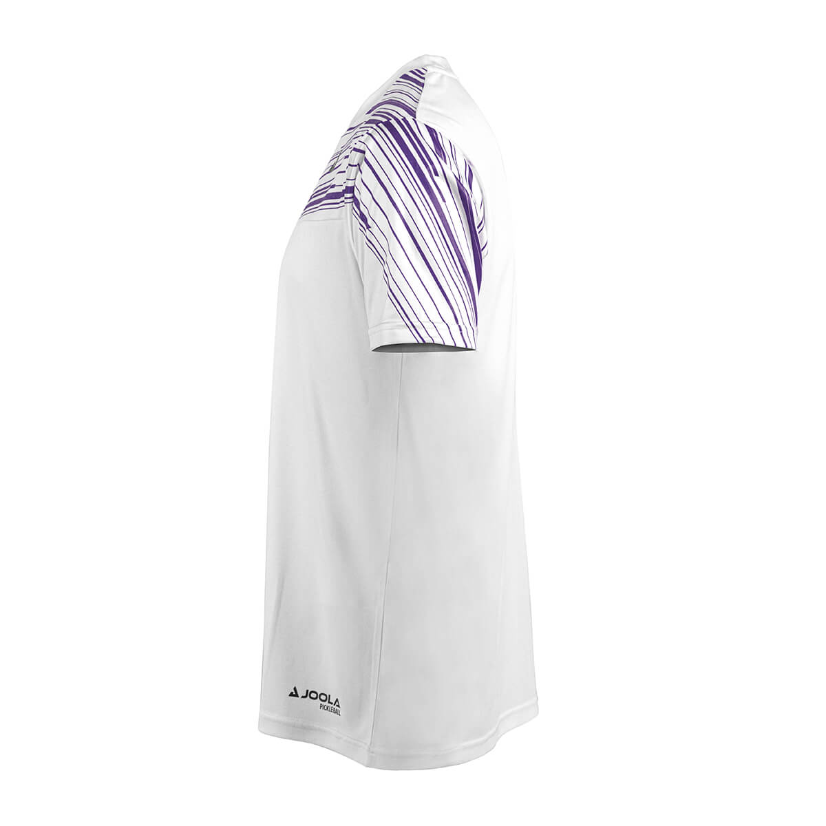 White Background Image: Side profile of the Ben Johns Trigon Tee Shirt white and purple. #Purple