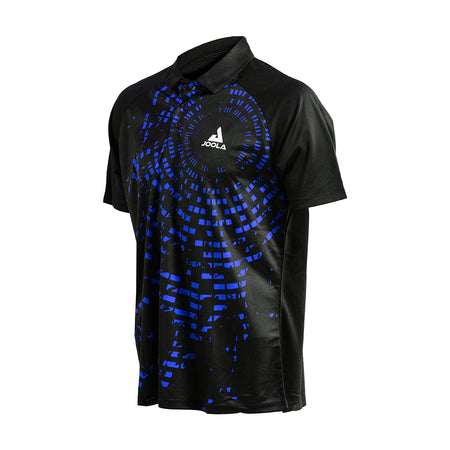 White background image, JOOLA Centrela Table Tennis Shirt, Black and Blue.