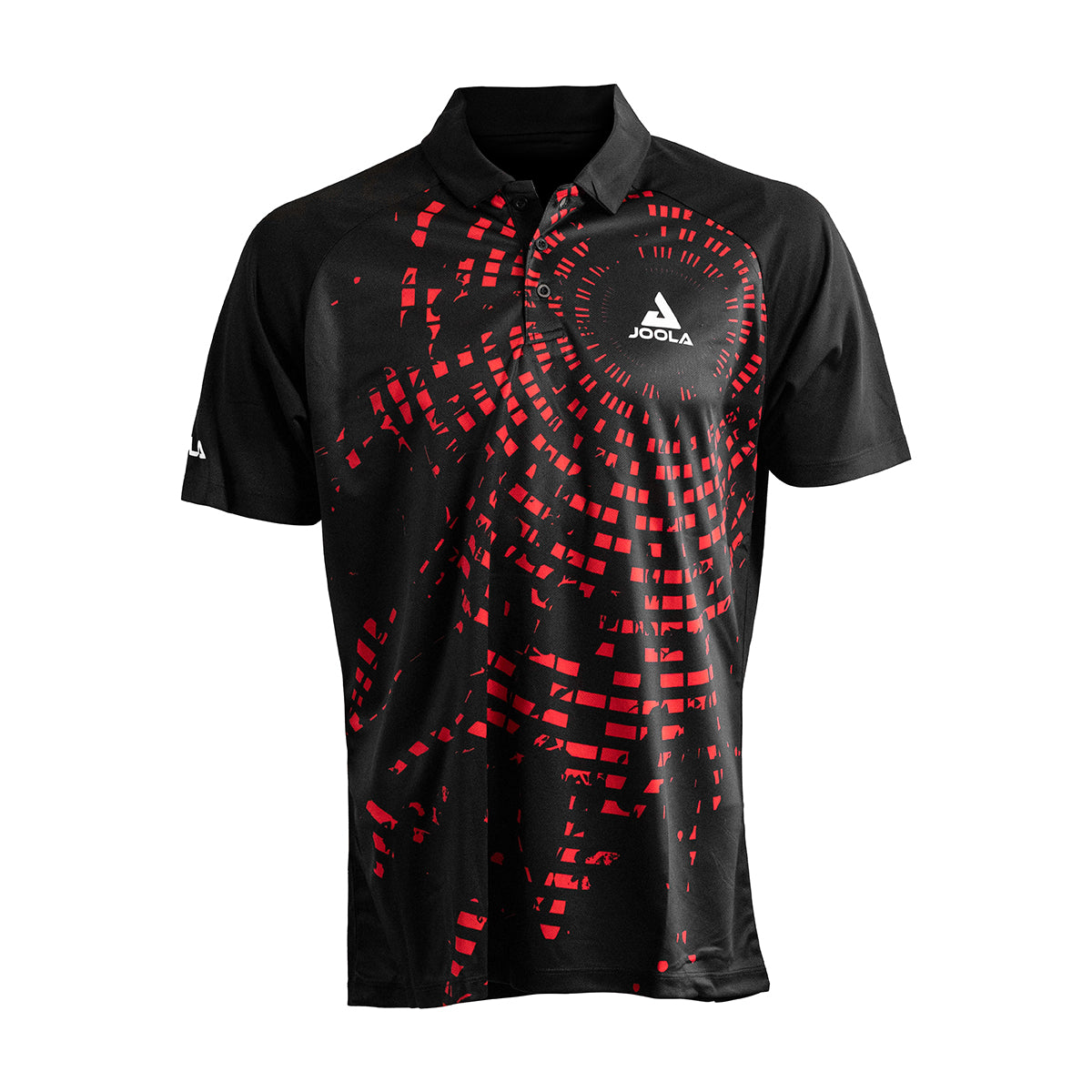 White background image, JOOLA Centrela Table Tennis Shirt, Black and Red.