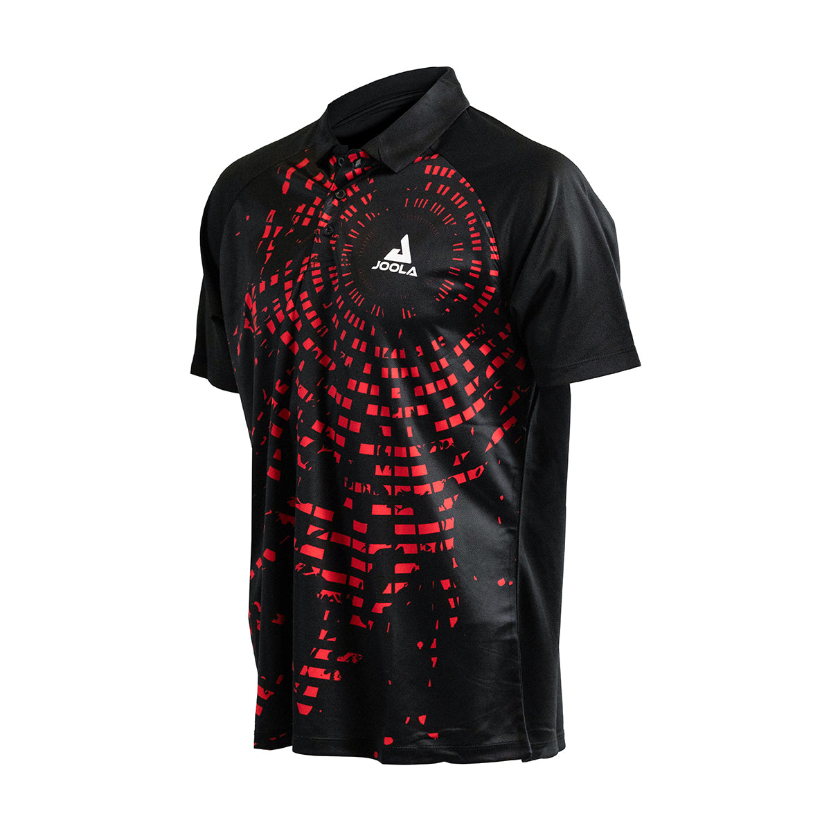 White background image, JOOLA Centrela Table Tennis Shirt, Black and Red.