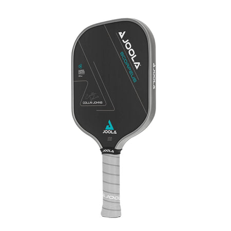 White Background Image: JOOLA Anna Bright Scorpeus CFS 16 with black paddle face, teal accent font and JOOLA Trinity logo, gray edge guard, gray Feel-Tec Pure Grip