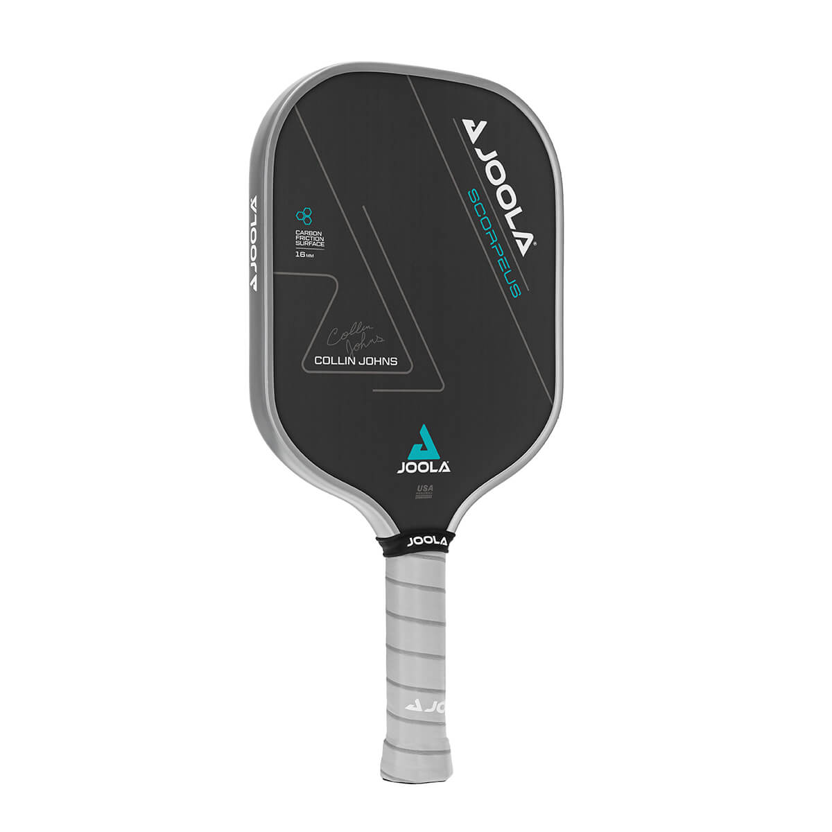 White Background Image: JOOLA Anna Bright Scorpeus CFS 16 with black paddle face, teal accent font and JOOLA Trinity logo, gray edge guard, gray Feel-Tec Pure Grip