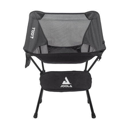 White Background Image: Black JOOLA Compact Portable Chair with mesh back panel, white JOOLA logo on inner left, foldable legs, and attached storage bag with white JOOLA stacked logo.