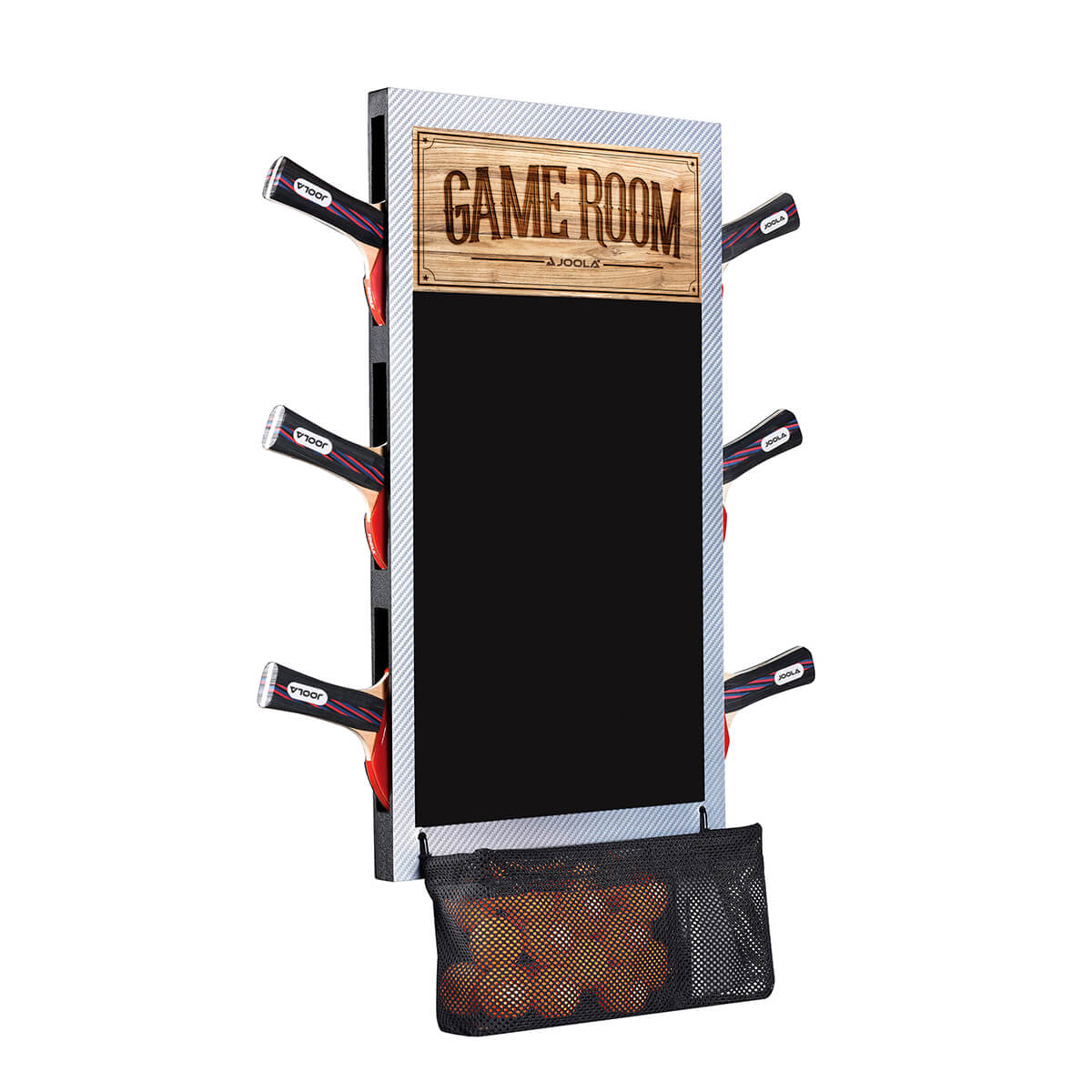 White Background Image: JOOLA Game Room Organizer & Scoreboard with blackboard scoreboard, side of scoreboard holds 6 rackets, and basket accessory holder filled with balls,