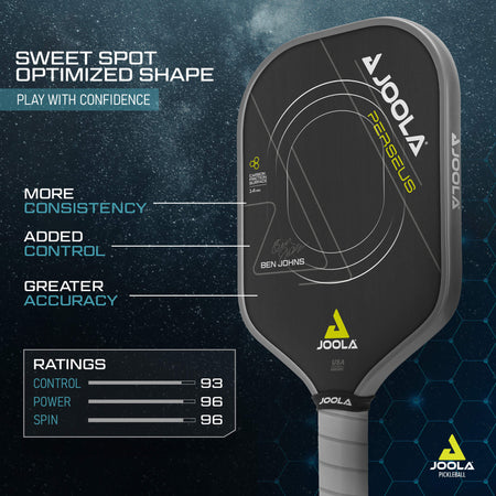 JOOLA Ben Johns Perseus Sweet Spot Optimized Shape Infographic