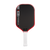 Pickleball paddle with black surface, red border, and white handle on a white background
