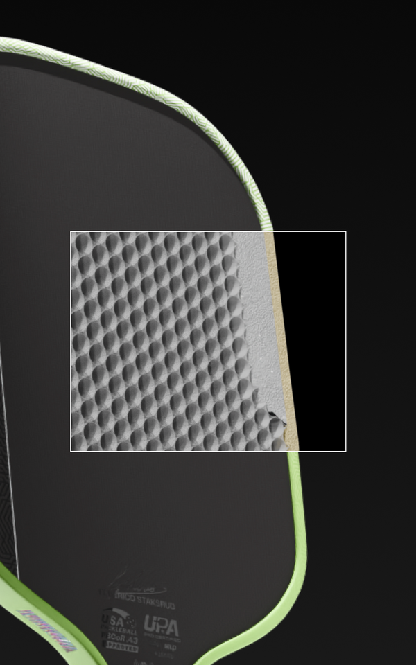 Close up on the detail of the Honeycomb core inside a JOOLA Kosmos Pro V.