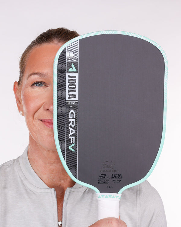 Stefanie Graf with a Graf Pro V covering half of her face.