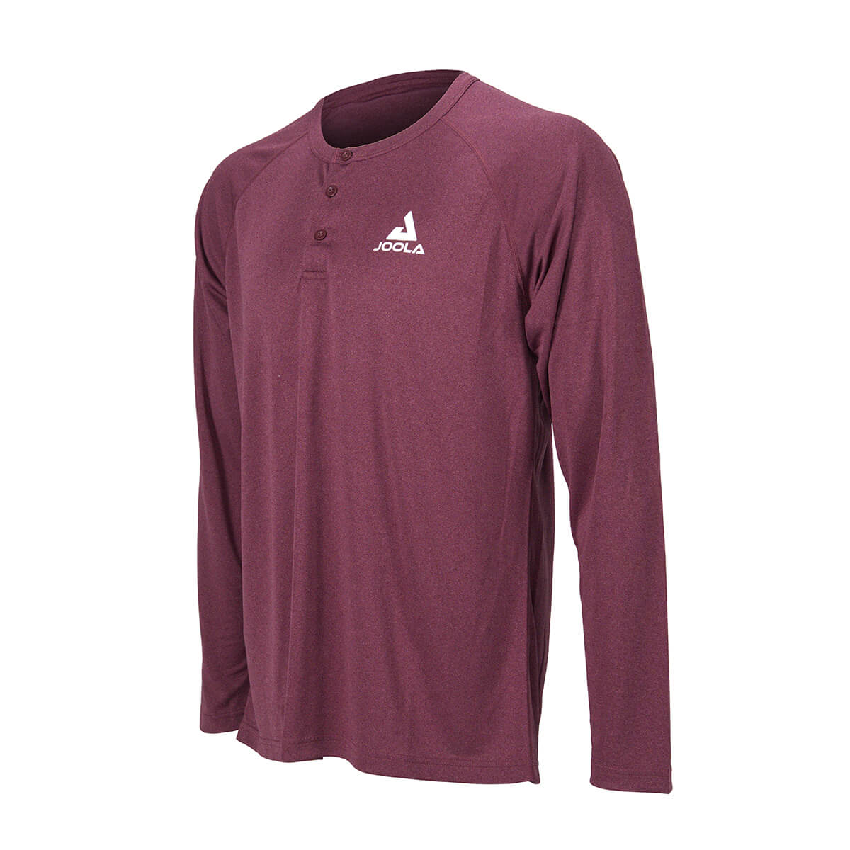 Product photo showing the front of the JOOLA Propel Longsleeve Henley in Burgundy at an angle #Burgundy