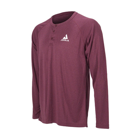 Product photo showing the front of the JOOLA Propel Longsleeve Henley in Burgundy at an angle #Burgundy