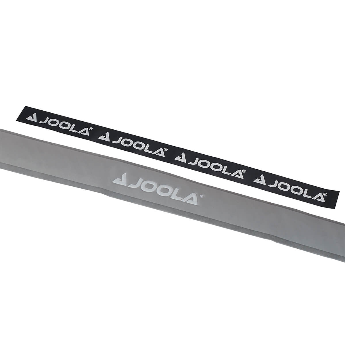 White Background Image: JOOLA Replacement Gray Feel-Tec Pure Grip with single white JOOLA logo in the center (bottom), black JOOLA finishing tape with repeating white JOOLA logo (top)