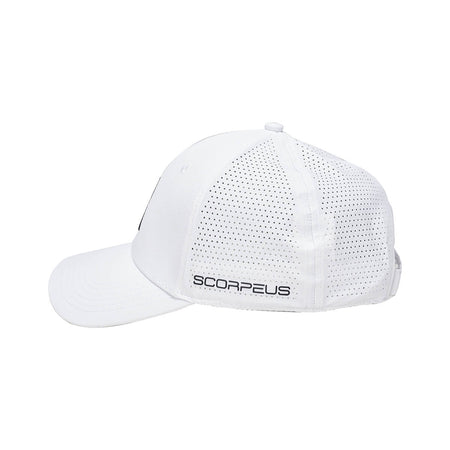 White Background Image: JOOLA Scorpeus Hat in White with black embroidered Scorpeus logo on the side #White