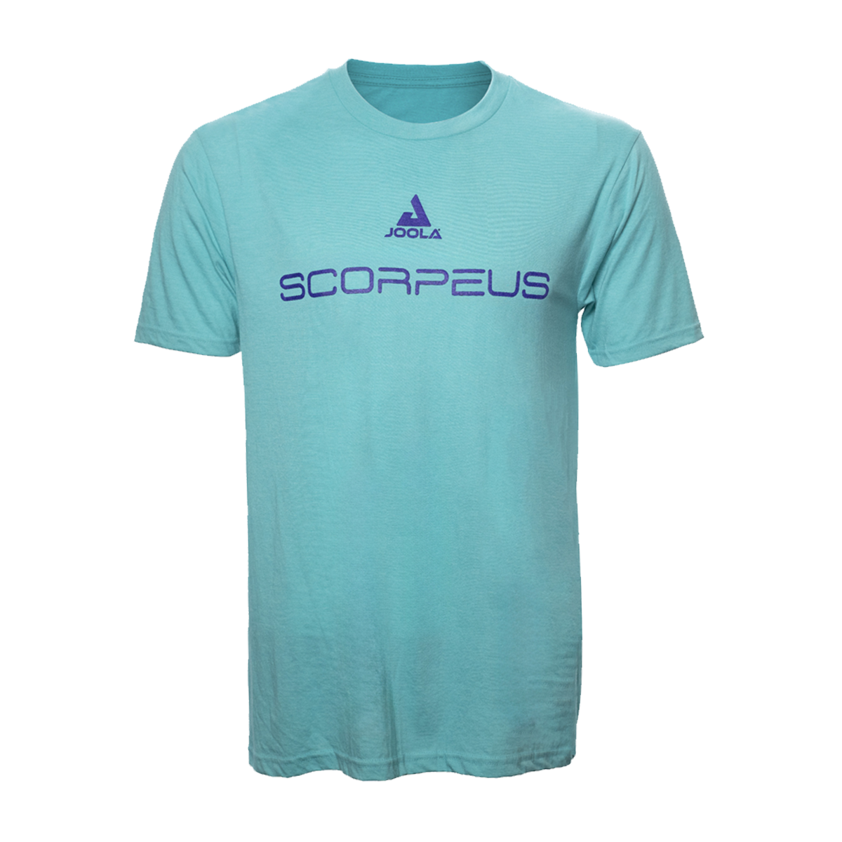 White Background Image: Front of JOOLA Scorpeus T-Shirt in Aqua Heather. T-Shirt design features JOOLA Infinity logo icon and Scorpeus series logo in purple centered on the chest. #Aqua Heather