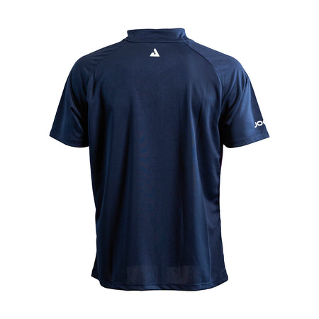 White background image, the back side of a JOOLA Solstice Table Tennis shirt, Navy Blue.