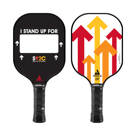 White Background Image: (Left) Front of the JOOLA Stand Up To Cancer Pickleball Paddle. Black paddle surface with the words, 