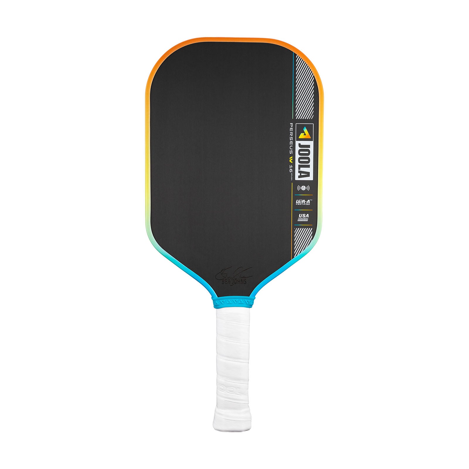 JOOLA Perseus Summer Daze Pickleball paddle with black surface, orange, blue, green and yellow color gradient on the rim, and white handle on a white background.
