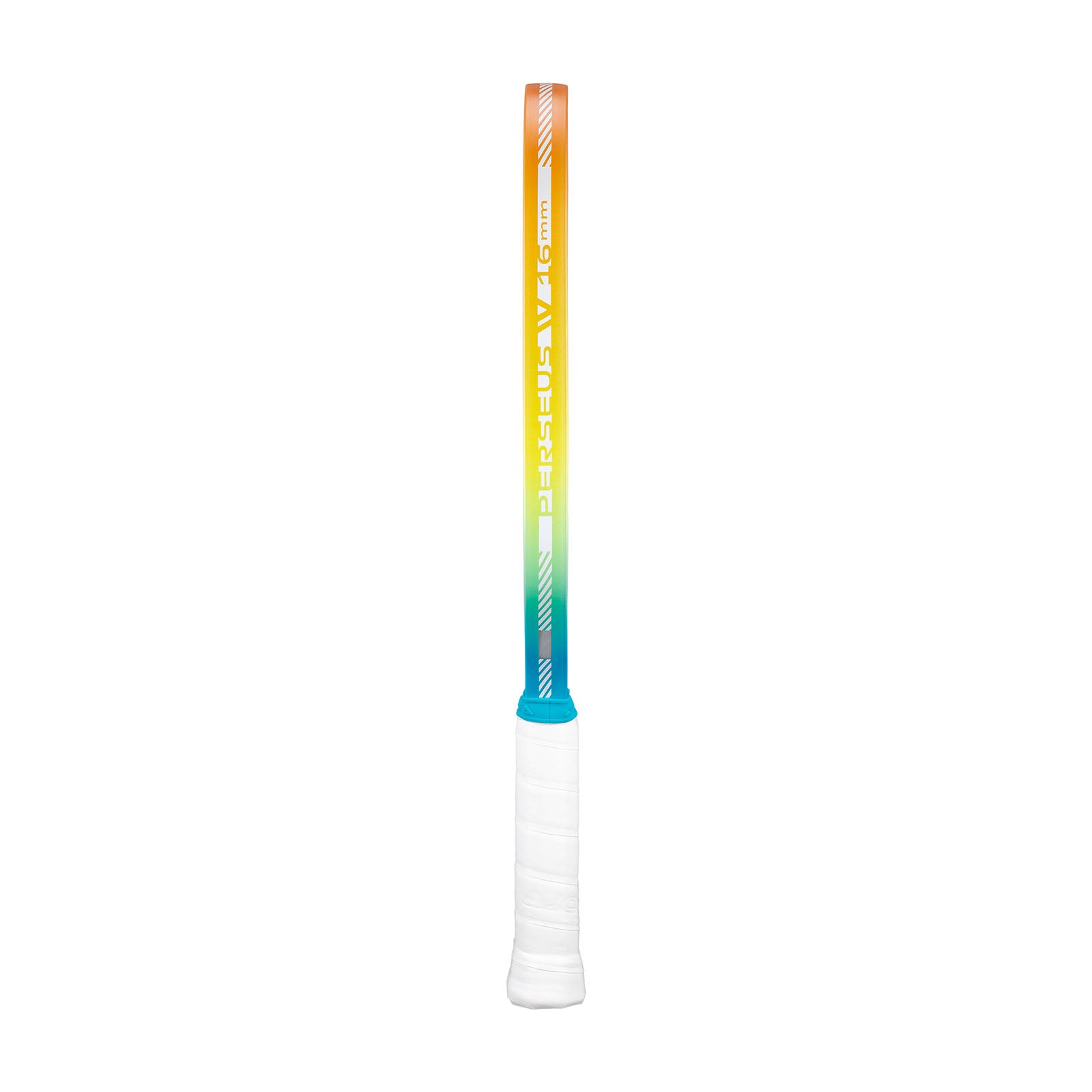 Side view of the edge gaurd on the  JOOLA Perseus Summer Daze Pickleball paddle with black surface, orange, blue, green and yellow color gradient on the rim, and white handle on a white background.